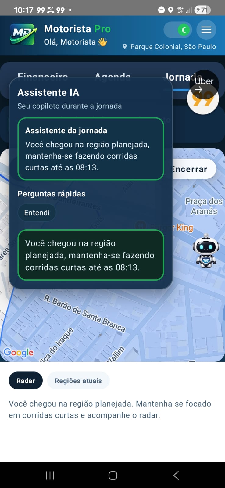 Tela do Motorista Pro com assistente IA durante a jornada