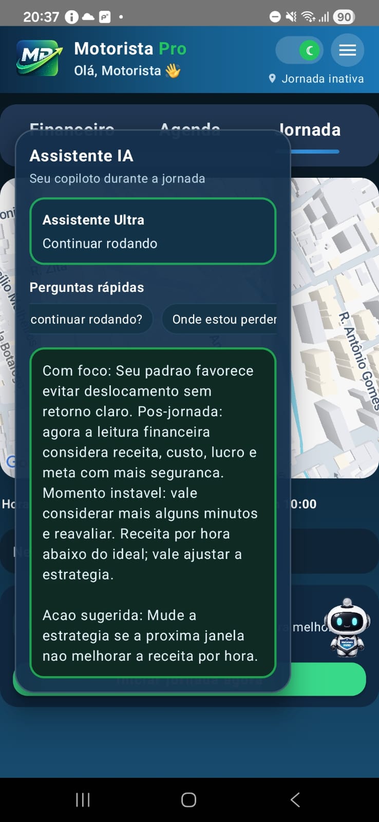 Tela inicial do Motorista Pro com agenda e resumo inteligente