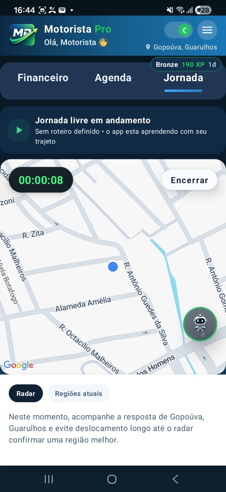 Controle de jornada com mapa e radar