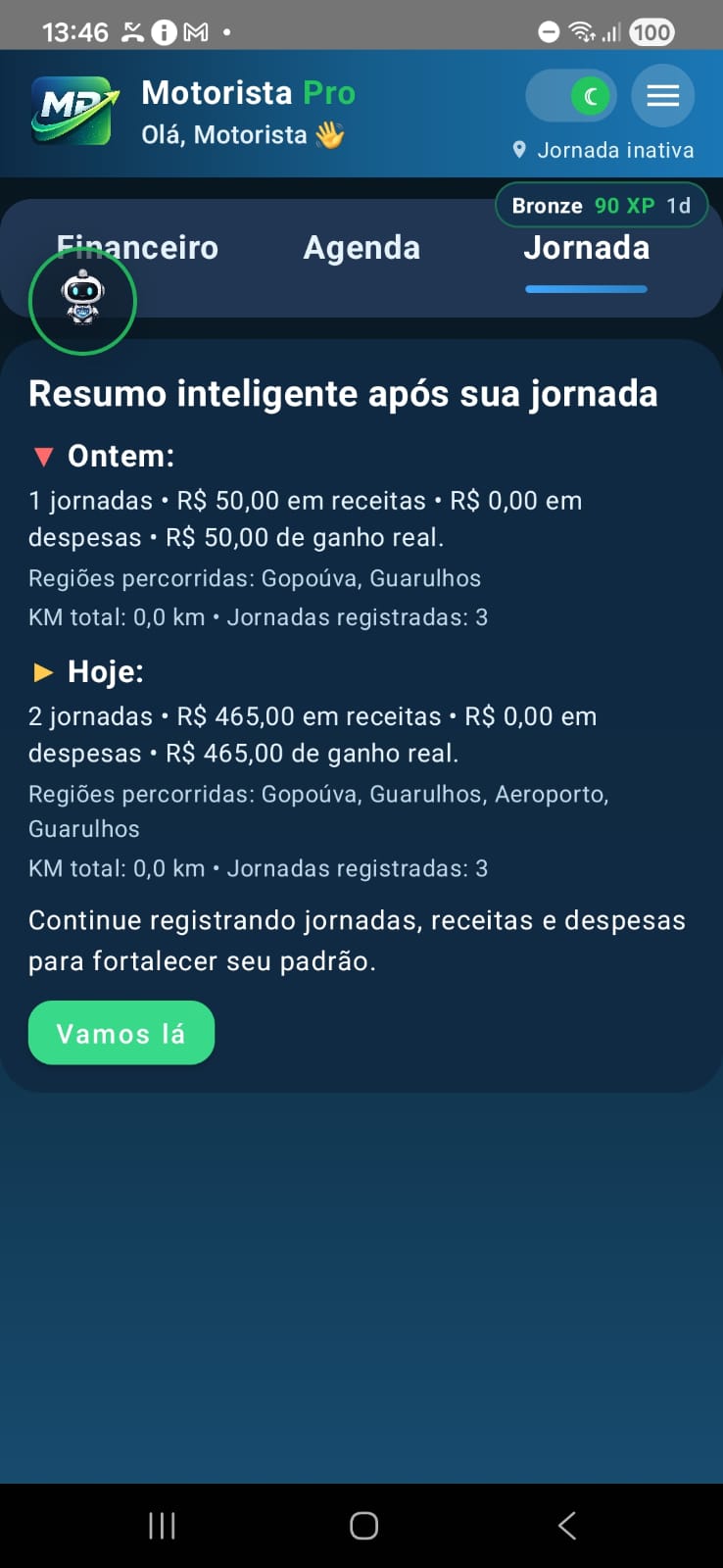 Tela com resumo inteligente após a jornada